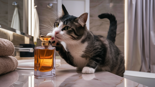 Cat Smells Perfume in Bathroom