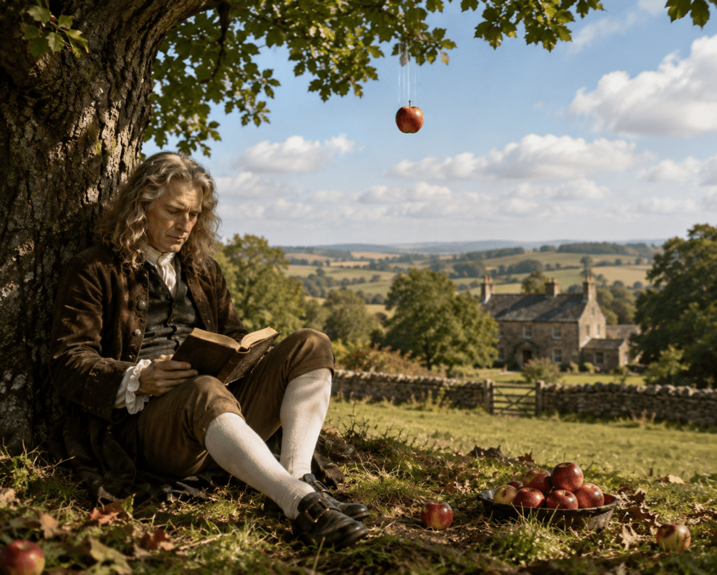 Isaac Newton sitting under a tree as an apple falls, illustrating how unseen forces like gravity are known through their effects — a metaphor for recognizing a Creator.